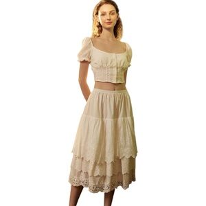 Embroidered Tiered Lace Cotton Midi Skirt Elastic Waist Cloud Dancer Off-White M